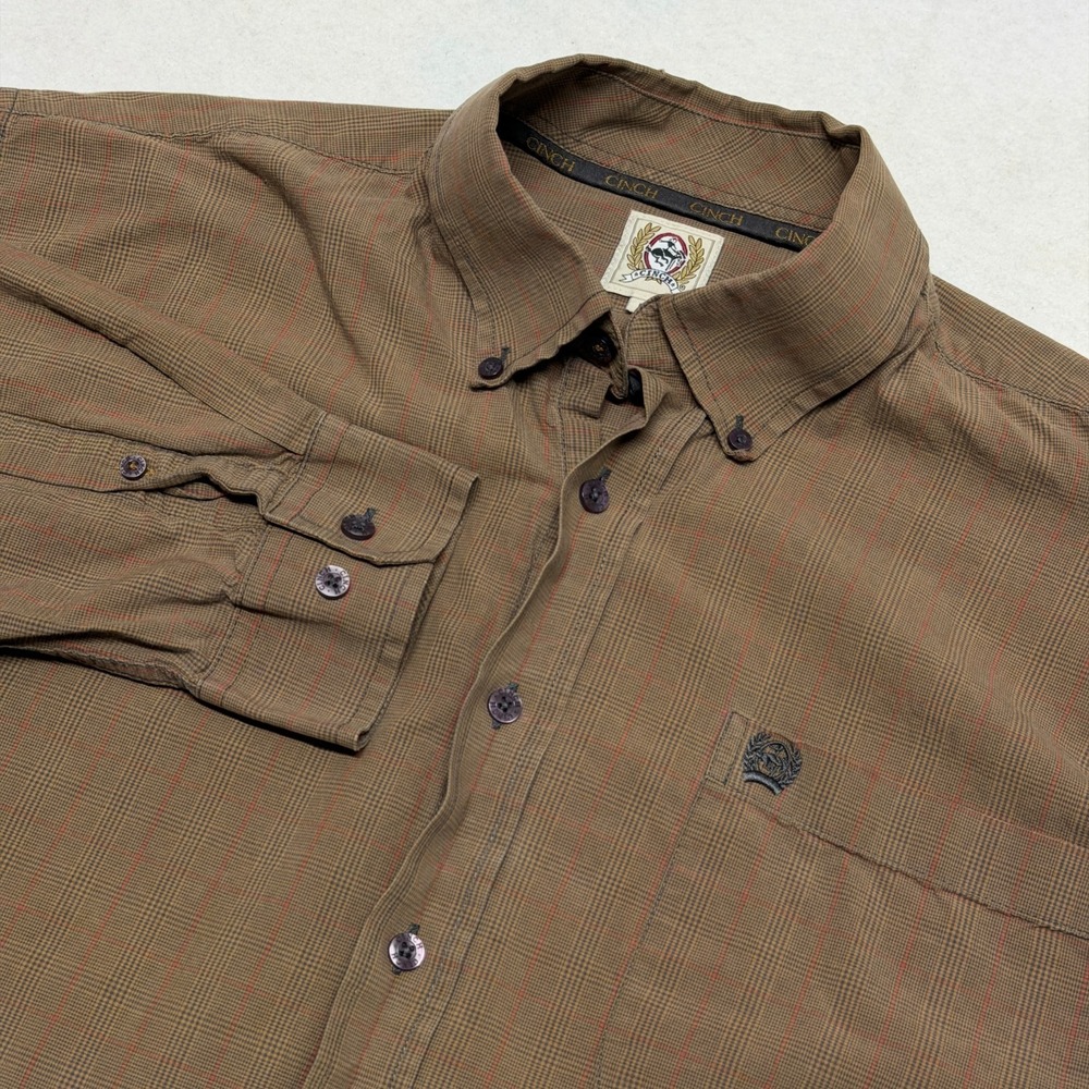 Cinch Classic Fit Mens Medium Brown Plaid Button Down Long‎ Sleeve Western Shirt